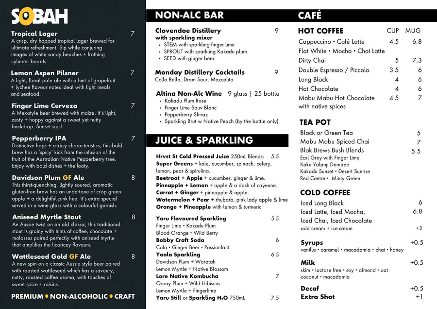 Sobah Brewery taproom cafe drinks menu coffee juice non-alcoholic bar beer brews